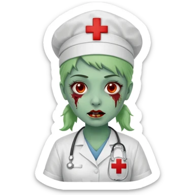 Zombie nurse in scrubs, red cross hat, green skin sticker