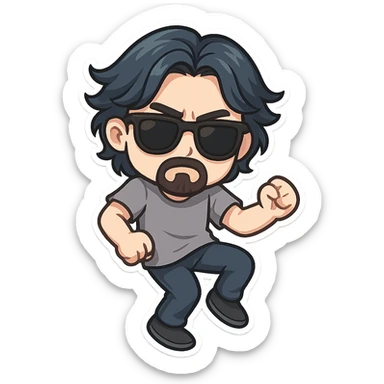 a dark brooding hipster with electric dark blue hair, surfer middle part, chin length hair, classic neat trimmed bushy goatee, black classic rayban shades, plain gray t-shirt, doing the shuffle dance, step shuffle tiktok dance, 1980's dance sticker