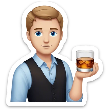 white guy light brown hair blue eyes wearing black holding whiskey sticker