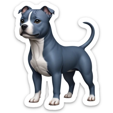 cinematic-[Staffordshire bull terrier]-realistic-full-body-standing-emoji,-tail-resting-loosely-beside-its-paws,-head-tilted-dramatically, -sleek-[dark blue grey]-fur,-simplified-yet-realistic-focused-features,-highly-detailed,-glowing-with-an-almost-sarcastic-glow sticker