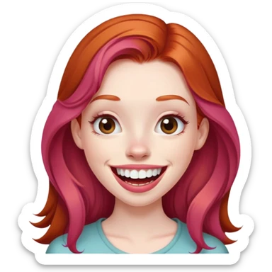 Young girl with pale skin, full pink lips smiling with big teeth, ginger red hair (very long), bigger nose, deep brown eyes (less green), big mouth sticker
