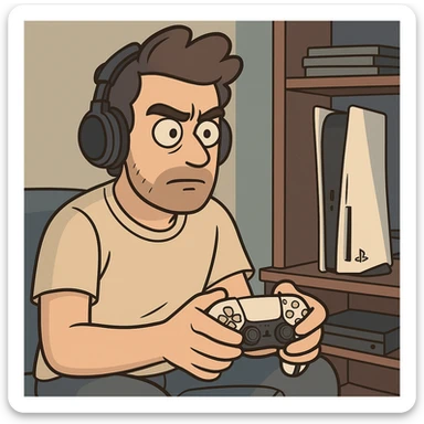 cartoon style man with headphones playing PlayStation 5, focused, gamepad in hands, gaming room sticker