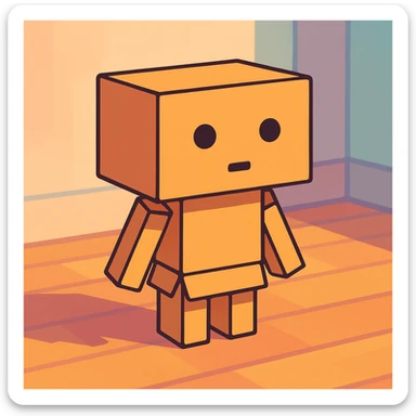 small cardboard robot named Danbo standing alone in the middle of a softly lit room, square head with two round black eyes and a small rectangular mouth, body made of folded cardboard panels, jointed arms and legs, cartoonish style with clean lines and pastel colors, warm wooden flooring, soft shadows, cozy and nostalgic atmosphere sticker