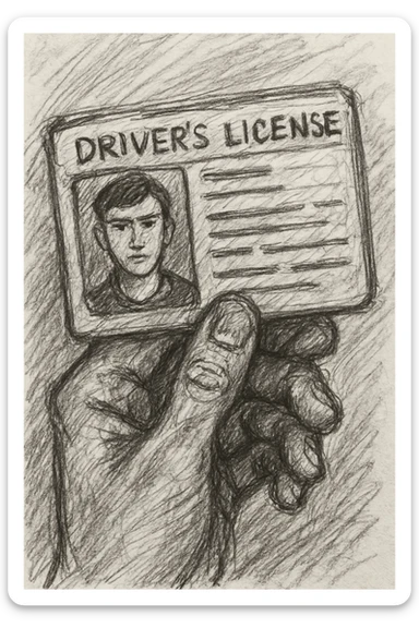 A driver's license in a hand-drawn sketch style with visible pencil lines. sticker