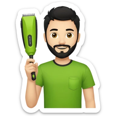 smiling young fair-skinned man with messy black hair and beard, wearing a black t-shirt, holding a palm-sized lime green trimmer in one hand sticker
