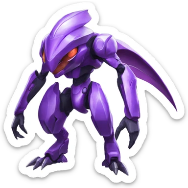 a shiny purple Genesect-Raptor-Fakémon—hybrid with a futuristic visor-helmet full body sticker