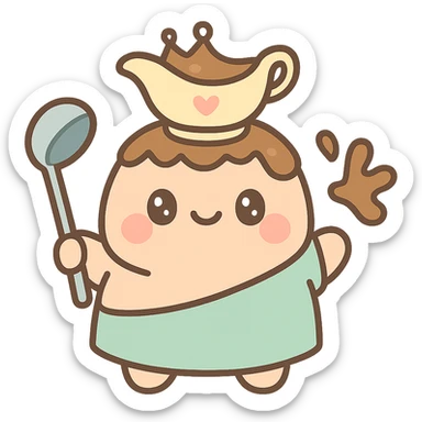 playful chubby king Gravy Lord with a gravy boat crown, holding a ladle, splash of gravy, cute approachable style sticker