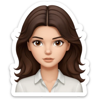 brunette Kendall Jenner con cabello ondulado marrón, ojas cafés oscuros con blusa blanca  sticker