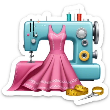 Sewing icon, measuring tape, pins, scissors, and a dress in progress, sewing machine with thread, visible needle, spools of thread, fabric pieces cut according to patterns, minimalistic style, clean lines, transparent background. sticker