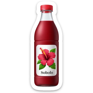 sobolo emoji (Ghanaian frink) in a plastic bottle and make the juice dark red  but a hibiscus on it and  write sobolo on it no hibiscus behind it on the label instead sticker