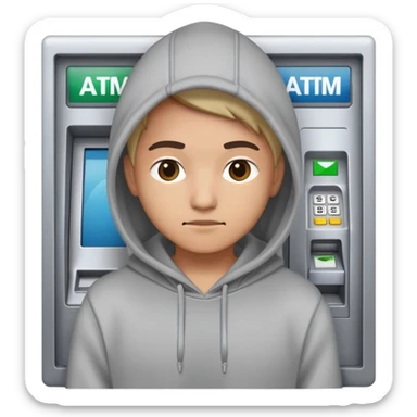 scammer in a hoodie near ATM sticker