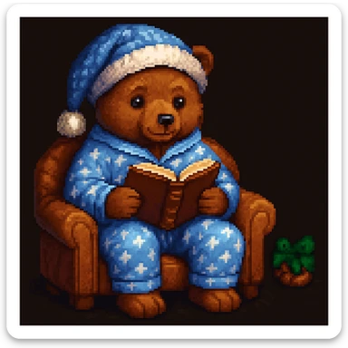 A bear in pajamas, pixel art style, sitting and reading a book, with a hat sticker