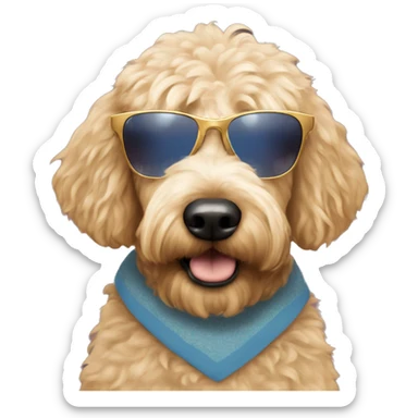 Golden doodle wearing a tye shirt and Lennon shades sticker