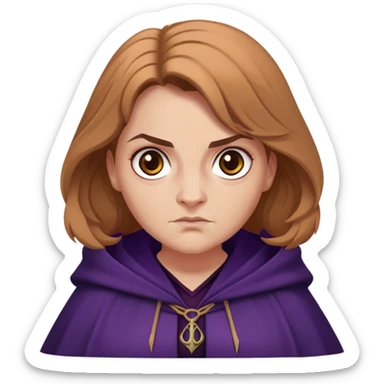 Alecto Carrow in harry potter, a woman fat, light brown tied hair, look evil, dark purple cloak sticker