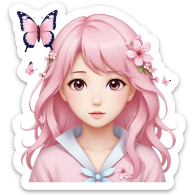 A Gorgeous Beautiful Anime Lady Sakura Cherry Blossom and Pretty Hair, pastelcore aesthetic, pastel pink and white, butterfly sticker
