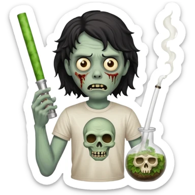 black wavy haired zombie getting stoned with weed t shirt and bong on his hand sticker