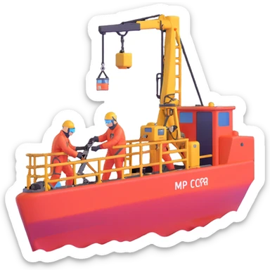 Scientists on Russian research ship using crane to collect ocean floor samples during rough seas sticker