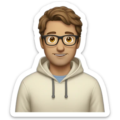Man with brown hair and glasses wearing a cream hoodie sticker