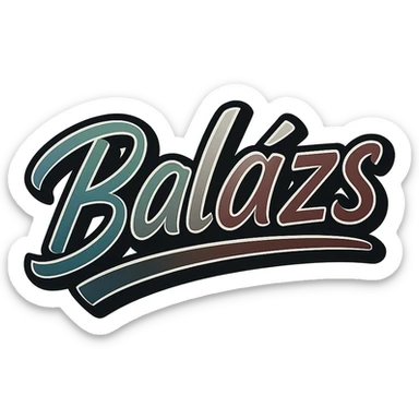 Text image of the name 'Balázs' in a modern, dynamic font with masculine gradient colors including blue, green, gray, dark burgundy, brown, and dark blue shades. The text has a thin white outline, a dark outer contour, and an underline. The style is inspired by the Péter sample image. Size 1000x1000 px, PNG format, transparent background. sticker