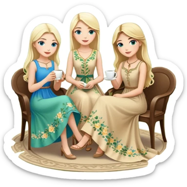 Turkish Konya blonde girl beautiful finish blue eyes with Beautiful beige green floral long tail dress and this two friends sit in a lovely garden on the chair on the ground and holds cup coffe with her hand  sticker