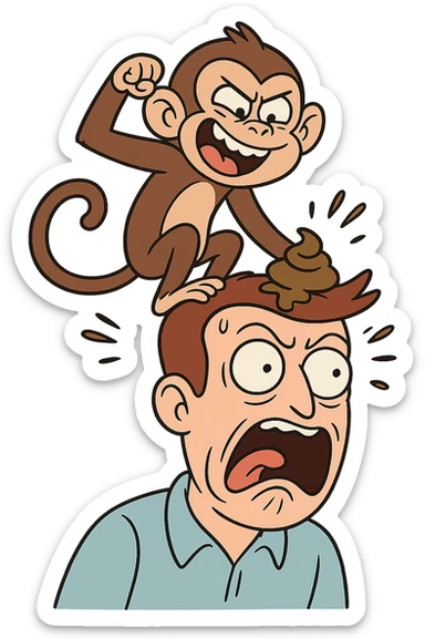 mischievous monkey pooping on a man's head, both with over-the-top facial reactions, cartoon, no background sticker