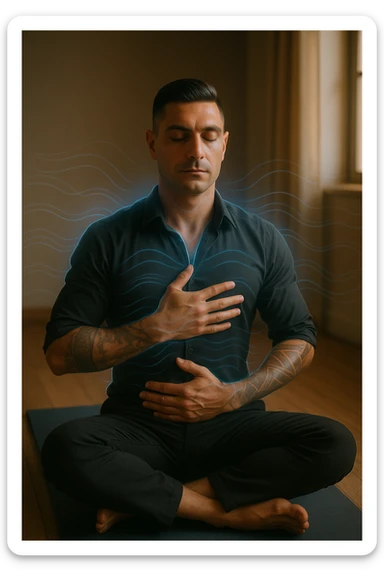 A highly realistic, cinematic portrait of a man in his early 30s with a calm, focused expression, sitting cross-legged on a yoga mat in a softly lit room. His eyes are closed, and he is performing deep diaphragmatic breathing, with one hand resting on his chest and the other on his abdomen, visibly rising and falling with each breath. A subtle glow or faint blue light outlines his body, symbolizing calm energy and nervous system regulation. Around him, faint symbolic waves or flowing lines in blue tones represent the breath calming the autonomic nervous system, while a soft warm light from a window illuminates his relaxed face. The atmosphere is peaceful and grounded, with warm natural tones and a clean, minimalist setting, evoking the feeling of inner calm and nervous system reset through conscious breathing. Style: 35mm hyperrealistic film photography, soft depth of field, warm lighting with clear focus on the man's peaceful face and breathing posture sticker