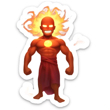 A character surrounded by a fiery red aura, with glowing energy pulsing from their body, and their muscles glowing with intense strength and power. sticker