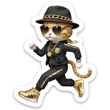 female cat running upright wearing Run DMC hip-hop outfit, tracksuit, fedora, Adidas sneakers, dark sunglasses, many gold chains, bling accessories (rings, bracelets, earrings) sticker
