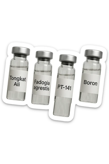 3 fiale mediche: Tongkat Ali, Fadogia Agrestis, PT-141, Boron e Zinco fluttuano in aria verticalmente sticker