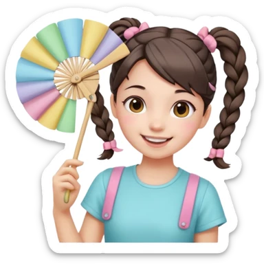 A pigtail girl in modern outfit using a pastel fan with playful expression. sticker
