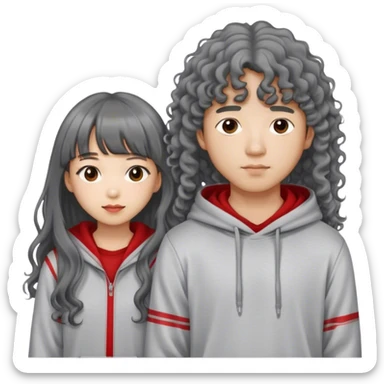 Asian couple boy with long korean hair style with grey hoodie and the girl with long curly hair with bang and stripe red long sleeve sticker