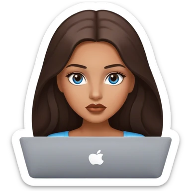 Glamours tanned very beautiful girl with pump lips and dark chocolate straight smooth long hair, blue-grey eyes with MacBook sticker