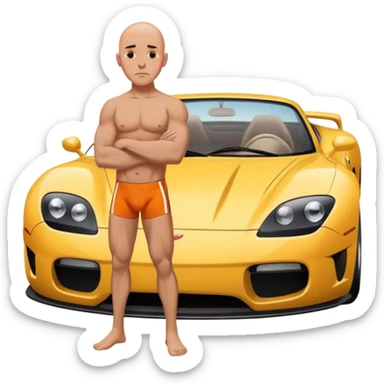 Bald Man in speedo in front of sports car  making a serious face sticker