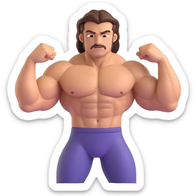 Make a man with hair flexing muscles emoji that looks exactly like the reference image, in iOS emoji style. 3D, shiny, smooth gradients, soft shadows, muscular body, expressive face, and hair. Add a soft shadow under the figure. sticker