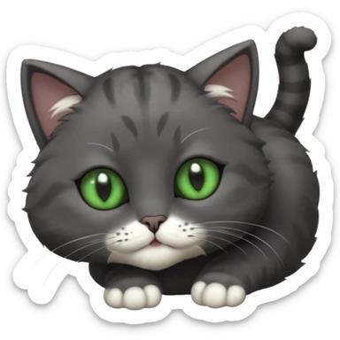 solid dark grey cat with green eyes, completely solid grey face, white toes/paws playing rolling upside down sticker