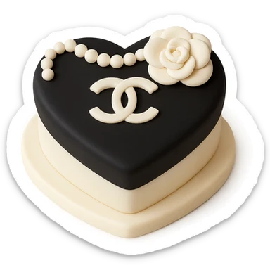 Chanel heart, sweet, black and white, with pearls and a camellia flower, fondant cake art style sticker