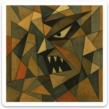 the concept of threat, visually interpreted, surreal or abstract style, cubist abstraction, distorted forms, symbolic elements sticker