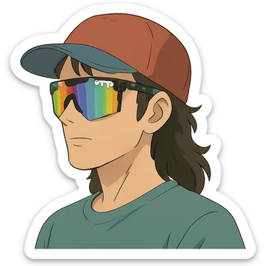 ghibli style guy with mullet and baseball cap, wearing polarized Pit Viper glasses sticker