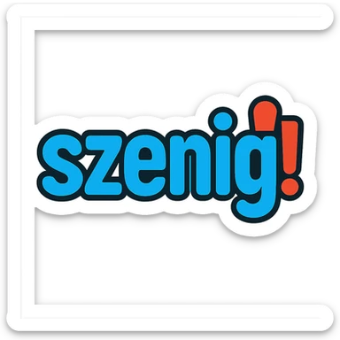 Text logo with the word 'szenig' in blue filling the entire area, and the exclamation mark at the end in strong red. Friendly, clear look with transparent background. sticker