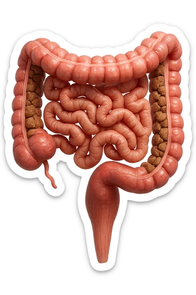 intestino umano anatomico con colon pieno di feci spezzettate, iperrealistica 4k sticker