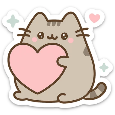 Pusheen hugging a big heart, pastel pinks and blues, super adorable, kawaii style sticker