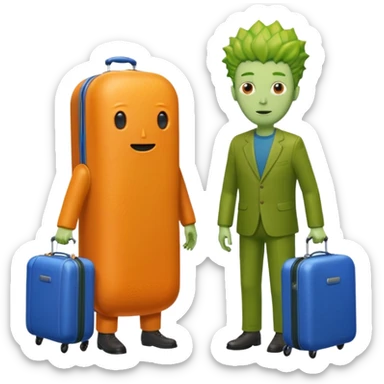 Orange goy man with a pickle head and a dude next to him with a blue suitcase and he’s green with alien hair sticker