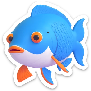 blue fish with visible scale texture, facing forward, cheerful and friendly expression, wearing a white cap with the Pescadería Buenos Aires logo perfectly centered sticker