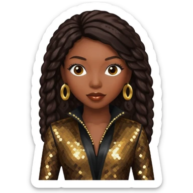 Brandy Norwood with long dark brown hair, dark brown sequin outfit sticker