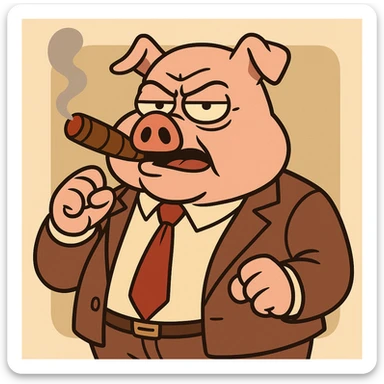 boss hog piggy, wearing a suit and tie, holding a cigar, cartoon style sticker