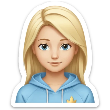 Woman with blonde straight hair and side part, serene smile, dreamy eyes, wearing a light blue fantasy-sporty hoodie with golden and white details sticker