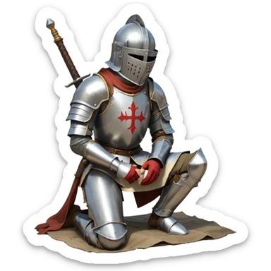 A lone medieval knight in plate, worn armor kneels. His helmet is closed, hiding his face, conveying silence, exhaustion and contemplation. A long sword is planted in the ground beside him, its hilt resting near his gloved hands as if he is praying or resting after battle. sticker
