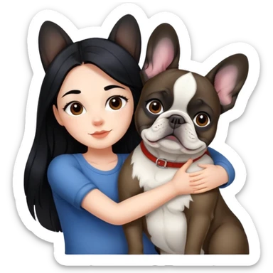 A beautiful girl with long black hair hugs a French bulldog sticker