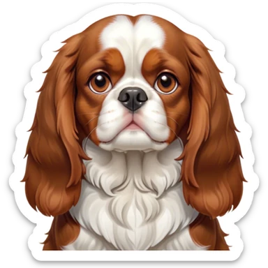 Cinematic Grumpy Blenheim Cavalier King Charles Spaniel Portrait Emoji, Head tilted slightly with a deeply unimpressed expression, thick Blenheim coat with pronounced chestnut and white markings, large, droopy brown eyes narrowed into an unamused glare, ears slightly drooping in exasperation, Simplified yet comically expressive features, highly detailed, glowing with a dry, sarcastic glow, high shine, effortlessly judgmental yet dignified, stylized with a touch of cynicism, bright but brooding, soft glowing outline, capturing the essence of an eternally unimpressed yet endearing companion, so lifelike it feels like it could sigh heavily at you in disdain at any moment! sticker