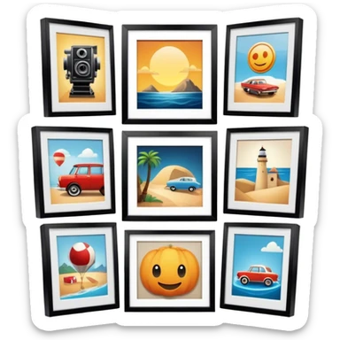 Icon for Photograph and Poster Collecting: a collection of photographs and movie posters, neatly displayed on a wall or in frames. The icon should evoke the nostalgia and artistic value of collecting rare images and posters. Transparent background. sticker